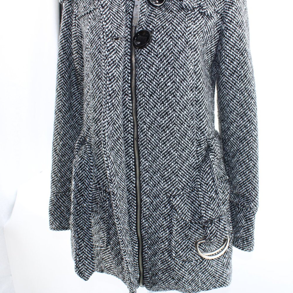 Vintage Oxygen Herringbone Wool Blend Belted Coat Black White Ribbed Collar - Picture 5 of 10